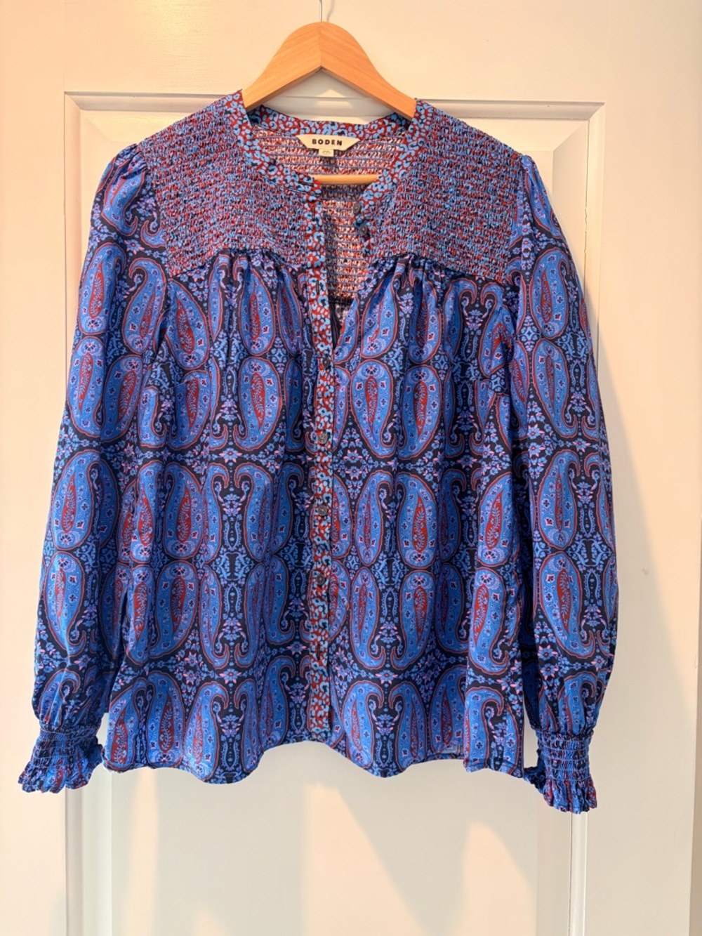 Boden Blue Paisley Smocked Yoke Blouse